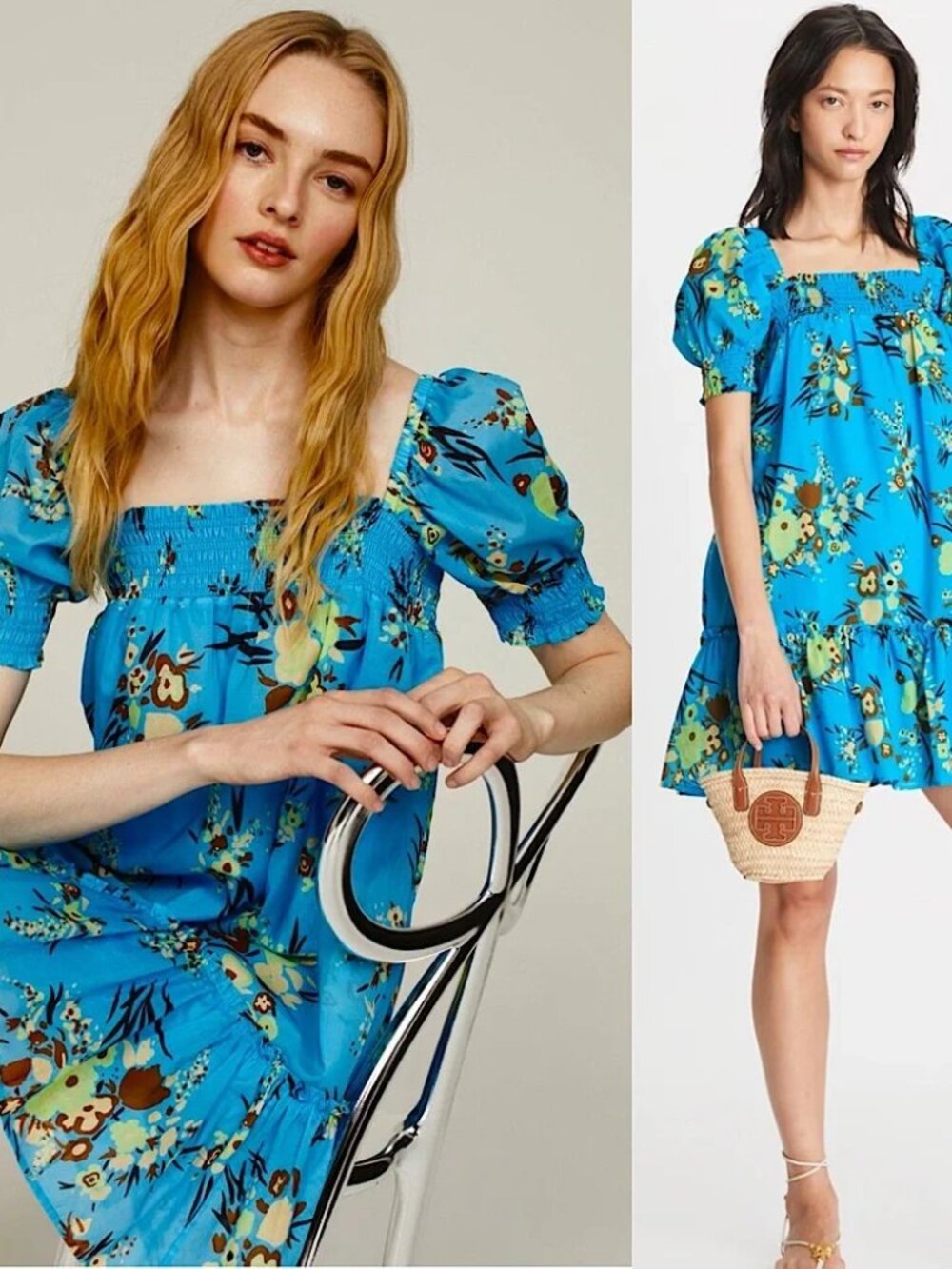 Tory Burch Smocked Mini Dress Blue Floral Babydoll Cotton Cute luxe Sundress M L